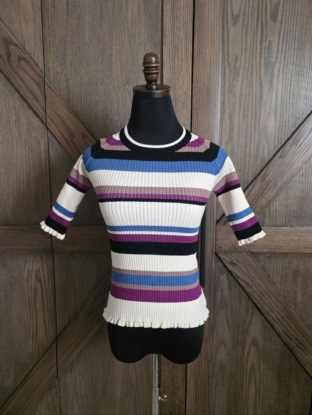 Eleven Six Striped Ribbed Short Sleeve Knit Top